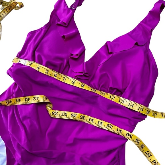 Dkny Ruffle Plunge Underwire Tummy Control One-Piece Swimsuit Dark Pink Sz 16 - Picture 11 of 13